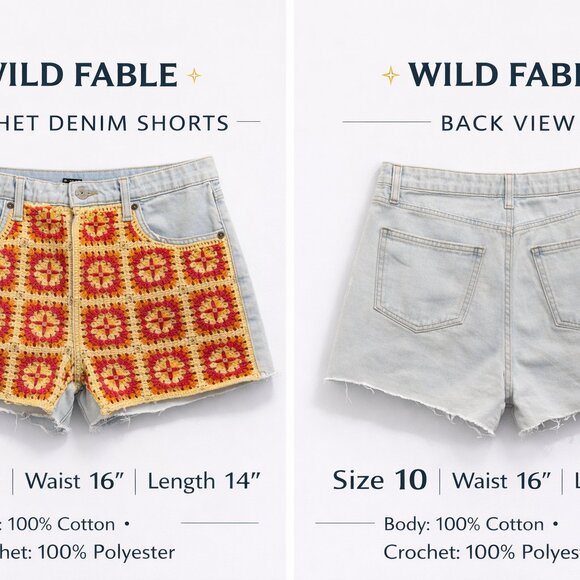 Wild Fable Crochet Denim Shorts Women’s Boho Granny Square Festival Size 10 - Picture 3 of 9